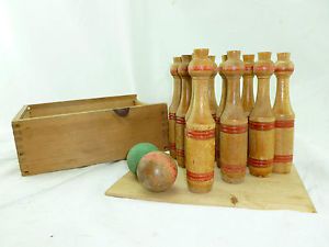 Vintage Bowling Game Toy Pins Ball Antique Wood Box Child Kids Set Fun RARE