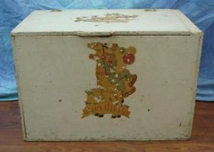 Vintage Wood Wooden Hand Made Kids Toy Box Chest Painted Picture Laminated