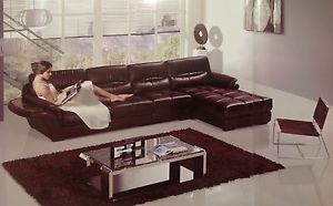 Modern Dark Chocolate Brown Leather Sectional Sofa Chaise Chair End Table Set