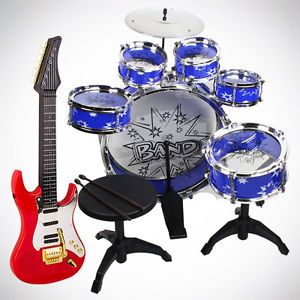 Kids 11pcs Blue Drum Set Red Electric Guitar Musical Instrument Toy Playset
