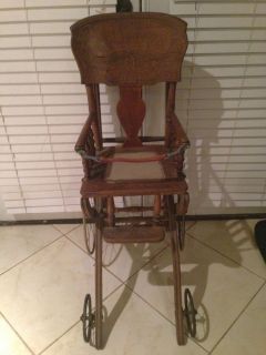 Antique Vintage 1800's Wooden Baby Stroller High Chair Combo w 4 Metal Wheels