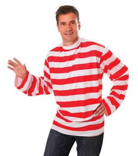 Adult Fancy Dress Costume Red White Striped Pirate Crew Shirt Long Sleeve Wally