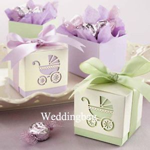 50 Purple or Green Baby Shower Laser Cut Carriage Candy Boxes Favor Box Sweet