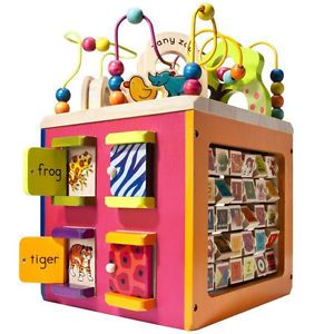 B Zany Zoo Wooden Activity Cube with Toys for Kids New Plastic Christmas Gift