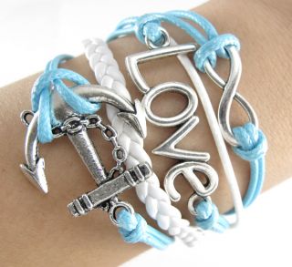 Vintage Style Infinity Anchor Love Charms Leather Wrap Bracelet Blue White
