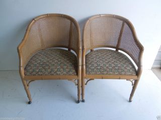 Pair Hollywood Regency Faux Bamboo Cane Chair Tub Mid Century Barrel 2 of 10