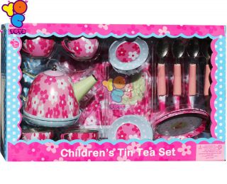 Tin Tea Set 18 Pieces Pink Blue Kids Pretend Play Kitchen Toys Cute 16 Items