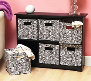 Girls 6 Bin Zebra Wood Storage Units Cabinet Organize Bedroom Black Finish