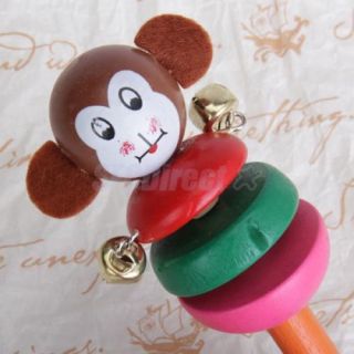 Cute Wooden Smiling Face Kids Rattle Jingle Bell Stick Shakers Party Toys