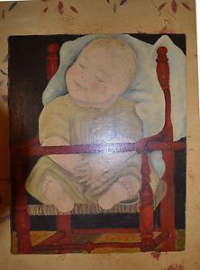 Folk Art Painting Baby in A Red High Chair