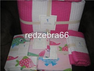 Pottery Barn Kids Girl Pink Rugby Stripe Twin Quilt Sham Funny Fish Sheet Duvet