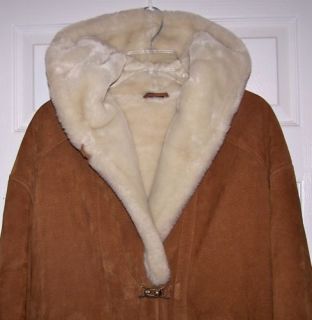 Womans Gallery Leather Suede Small Warm Winter Coat Jacket Hooded Fur Lined Nice