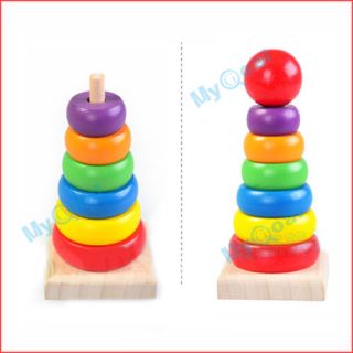 7pcs Wooden Stacking Stack Up Nesting Rainbow Tower Ring Learning Toy Kids Baby