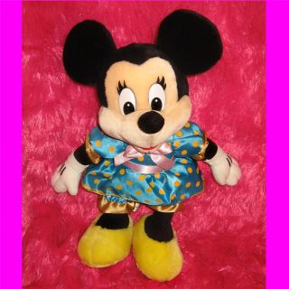 Disney Minnie Mouse Plush RARE Blue Dress Yellow Polka Dot Shoes Gold Purple Bow