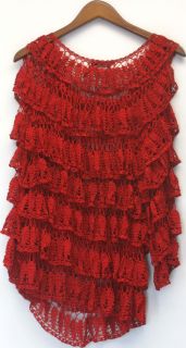 Colleen Lopez Tiered Crochet Lace Detail Long Sleeve Knit Top Red Sz L New