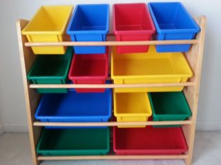 Kids Wood Toy Organizer Storage Bins Primary Colors Playroom Bedroom Furniture