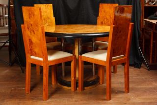 Art Deco Walnut Dining Table Chair Set Vintage Modernist