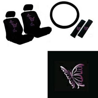 9pc Purple Lavender Butterfly Front Bucket Car Seat Covers Steering Wheel Belt