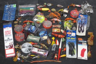 Assorted Lot Fishing Lures Hooks Rubber Worms Flies Weights from Old Tackle Box