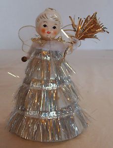 Vintage Christmas Pipe Cleaner Angel Decoration Figure Tinsel Porcelain Head