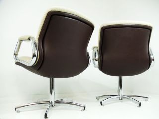 2 Modernistic Steelcase Chrome Swivel Chairs Wool Woven Fabric Vtg