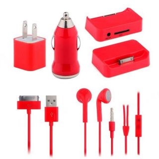 Pink Apple iPhone 4 4S Charging Kit Wall Car Charger Headphone Data Cable Doc