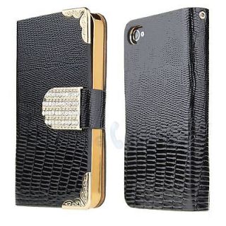 Bling Diamond Alligator Flip Leather Cover Metal Case for iPhone 4 4S Black