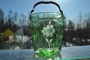 Green Vaseline Glass Ice Bucket w Metal Ice Tongs Flower Leaf Motif