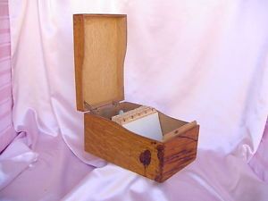 Old Oak Wood Desk Top File Box LG Index Card Size w Dividers Globe Wernicke