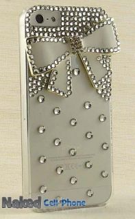White Bow Ornament Silver Rhinestone Jewel Clear Bling Case for iPhone 5 5S