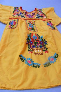 Vtg Vivid Yellow Mexican H Embroidered Girl Ethnic Folk Peasant Dress Age 3 4