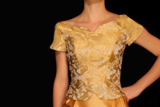 XS s Vtg 50s 2pc Gold Satin Brocade USA Jacket Pencil Pinup Cocktail Party Dress