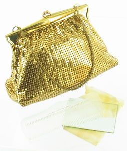 Vintage Whiting Davis Gold Chain Mail Mesh Party Purse Bag 50s Mirror Comb