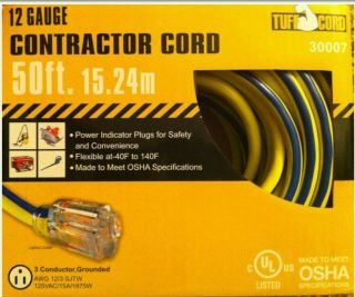 Tuff Cord 12 3 Gauge Extension Cord 50ft Factory SEALED Lighted Outlet