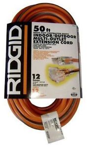 Ridgid Extension Cord Heavy Duty Contractor Grade 50 ft 12 Gauge 3 Tri Tap