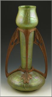 Details about Wonderful Loetz Green Glass Vase w/ Arts & Crafts Mounts