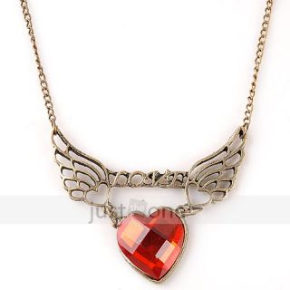 Vintage Women Lady Girl Love Heart Red Stone Angle Wings Pendant Necklace Chain