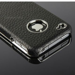 Black Genuine Leather Chrome Hard Case Cover for iPhone 4S 4 Screen Protector