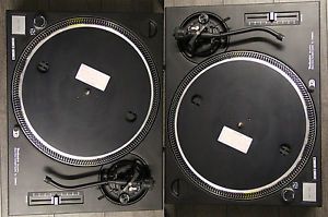 2 Custom Flat Black Technics 1200MK2 DJ Turntables Black Tonearms Blue LEDs
