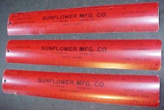 3 Vintage Red Tin Metal Advertising One Foot Rulers Sunflower Mfg Beloit Kansas