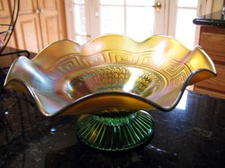 Northwood Greek Key and Scales Green with Marigold Overlay Carnival Glass Bowl