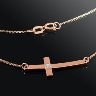 14k Rose Gold Sideways Small Curved Diamond Cross Pendant Necklace