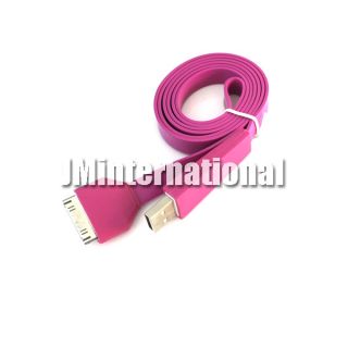 Hot Pink Noodle Wide Flat USB Data Sync Charging Cable for iPhone 3 4 4S iPod