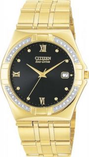 Citizen Eco Drive Elektra Men Gold Tone Date Diamond Black Dial Watch BM0722 57E