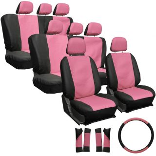 22pc Full Set Leather Pink Black SUV Seat Covers Bucket Bench Wheel Head Belt