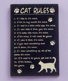 Cat Rules Wooden Wall Sign w Paw Prints Kitten Feline Kitchen Den Basement New