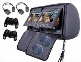 Dual Black Headrest 7"LCD Car Monitor DVD Player FM Transmitter Controller Cover