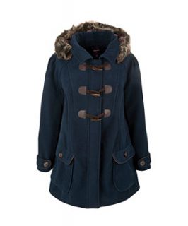 Inspire Navy PU Trim Faux Fur Hooded Duffle Coat