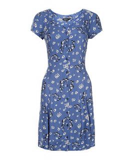 Blue Floral Print Button Front Tea Dress