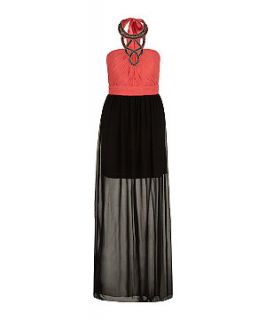 Coral and Black Embellished Halterneck Maxi Dress
